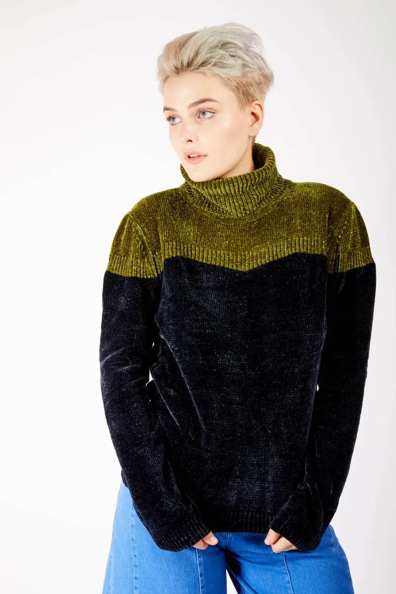 Adrian Unisex Black and Green Chenille Turtleneck Sweater