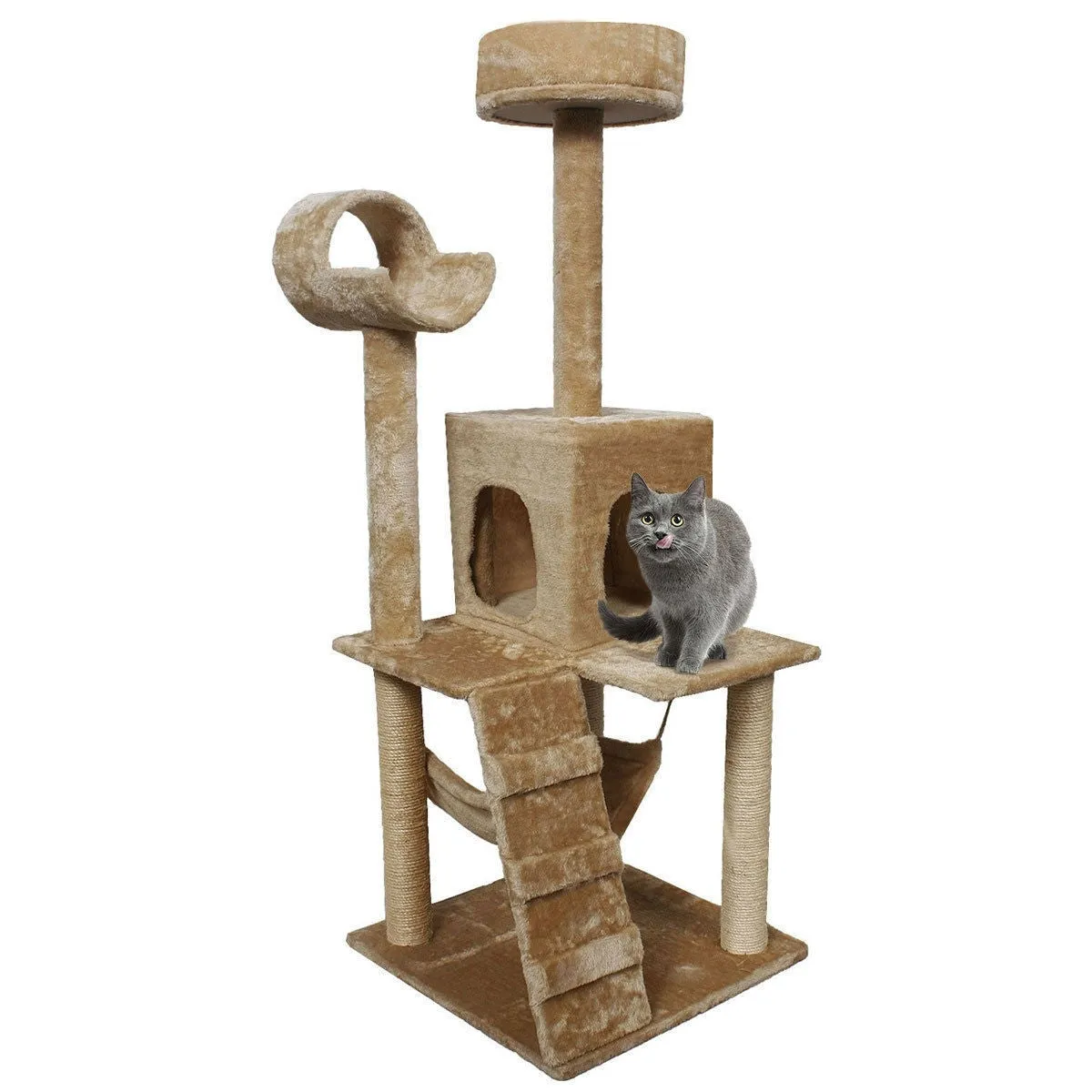 Beige 52 Inch Large Cat Tree Condo Post Hammock Pet Play House