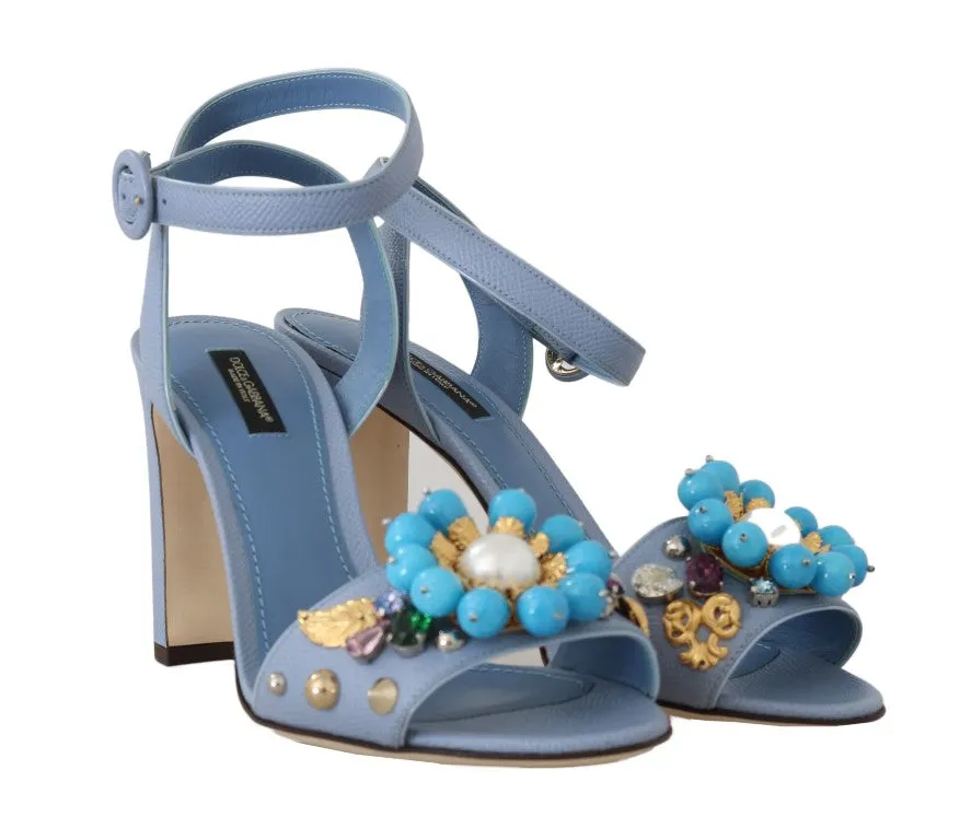 Blue Leather Crystal Pearl Sandal