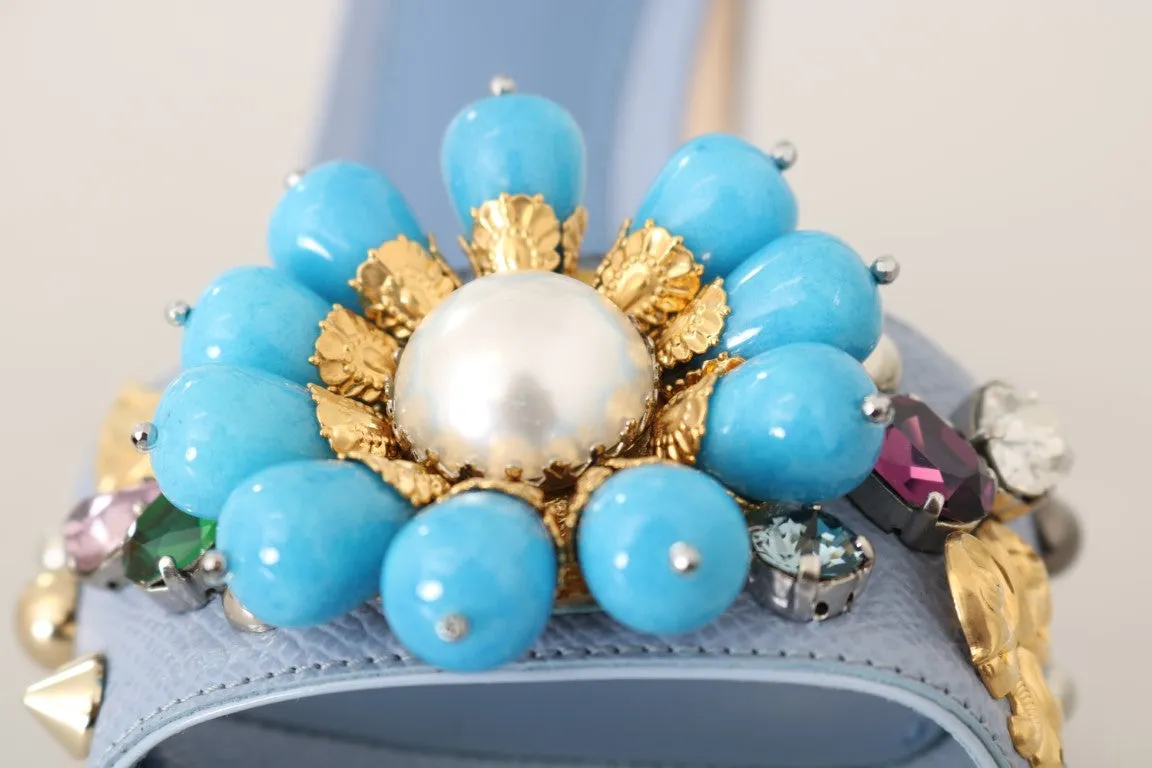 Blue Leather Crystal Pearl Sandal