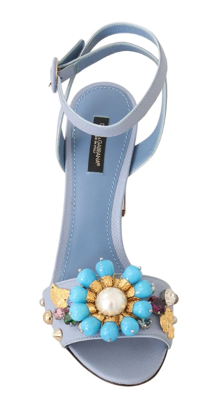 Blue Leather Crystal Pearl Sandal