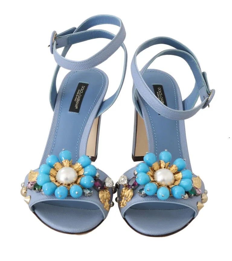 Blue Leather Crystal Pearl Sandal