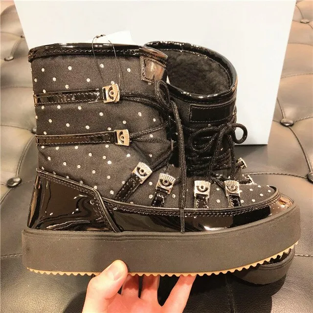 Fashion Rhinestones Lace Winter Snow Boots Women Sequins Warm Fur Boots Platform Wedge Shoes Woman Lace Up Bread Short Boots