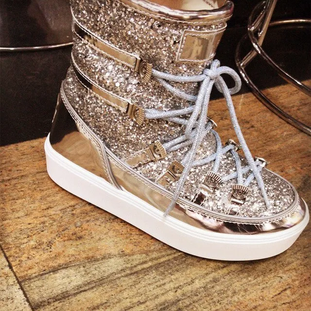 Fashion Rhinestones Lace Winter Snow Boots Women Sequins Warm Fur Boots Platform Wedge Shoes Woman Lace Up Bread Short Boots