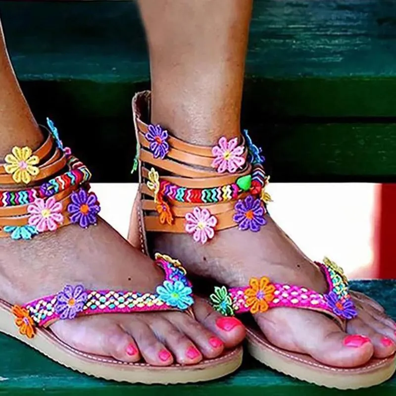 Flower Detail Multi-Strap Toe Post Sandals