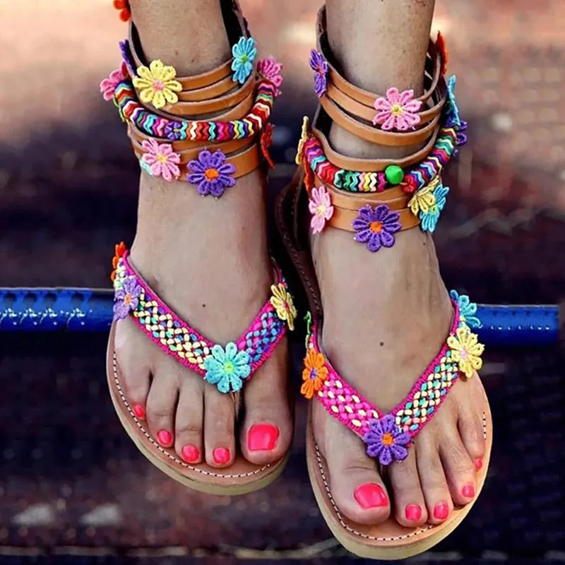 Flower Detail Multi-Strap Toe Post Sandals