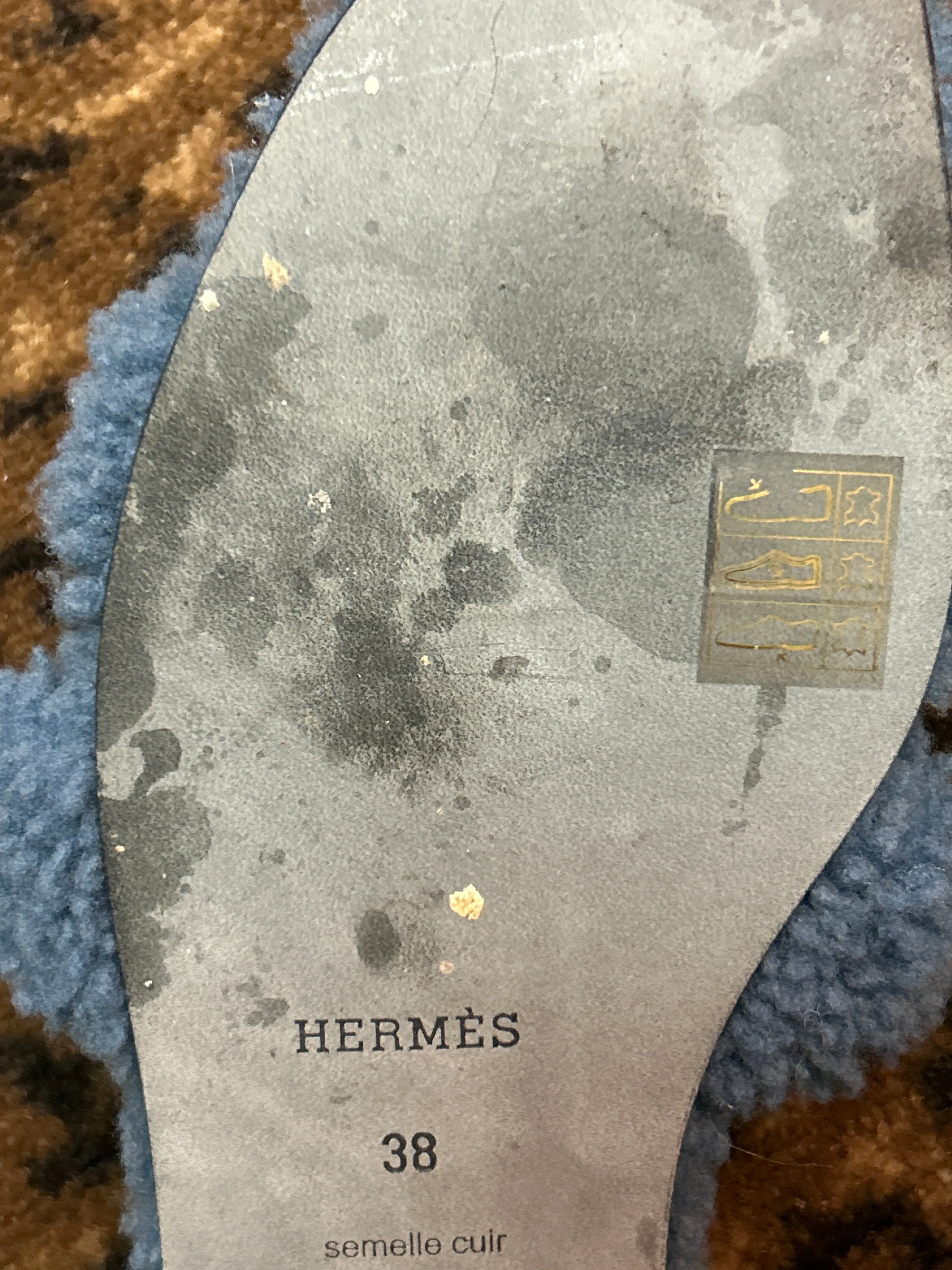Hermès Shoes, Blue Shearling Oran Sandals (size 38)