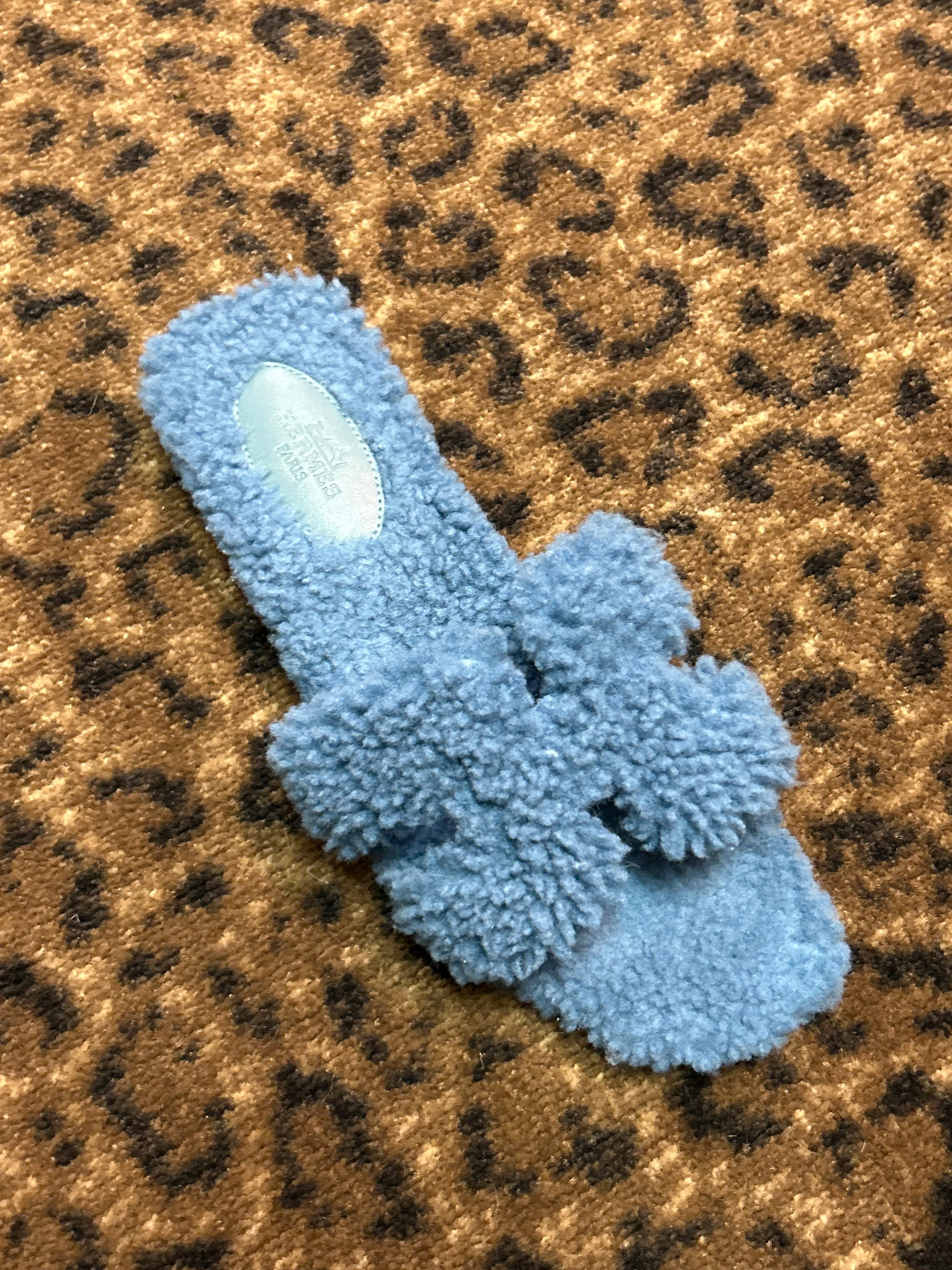 Hermès Shoes, Blue Shearling Oran Sandals (size 38)