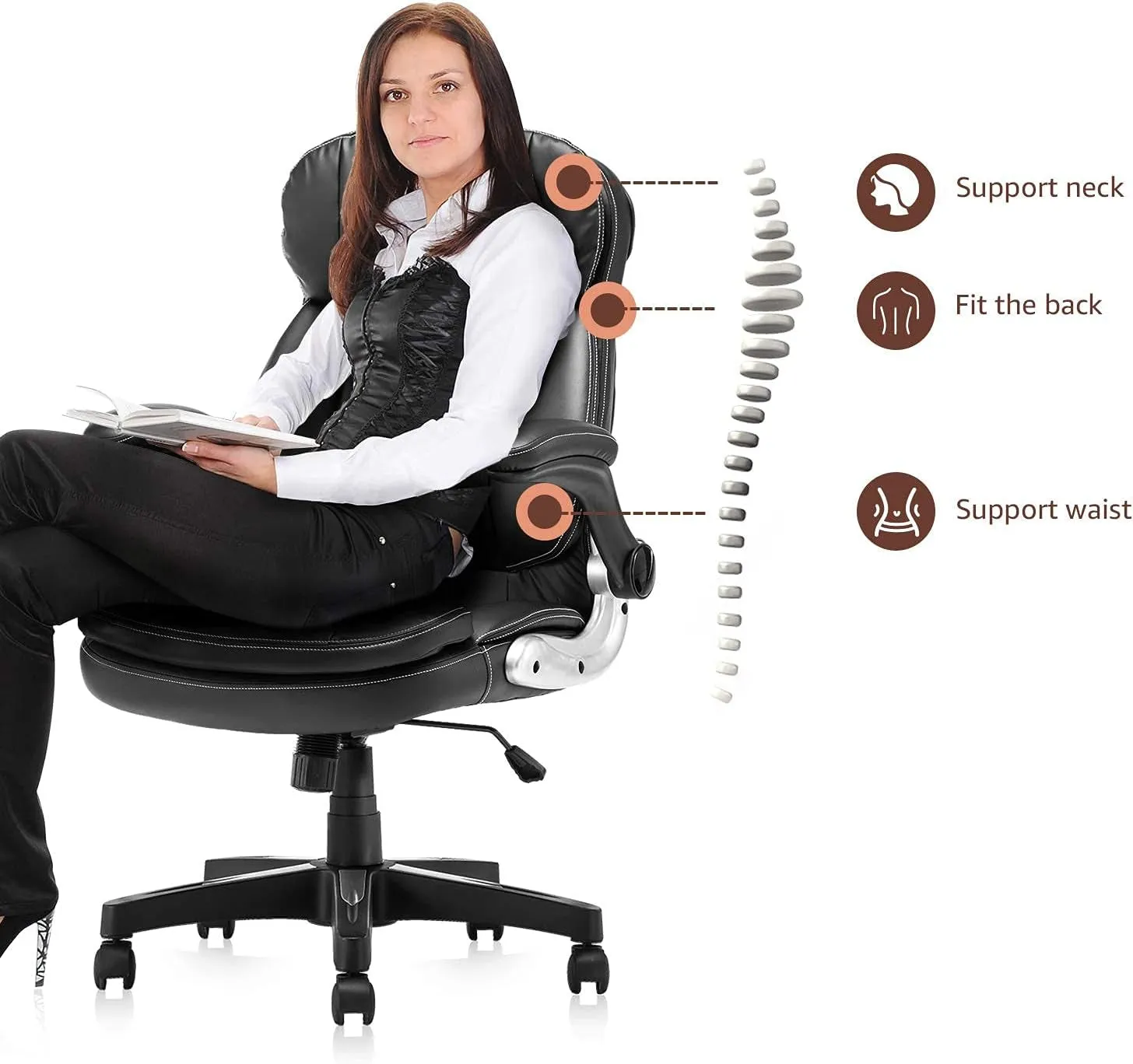 Home Office Chair High Back PU Leather Desk Chair Flip-Up Armrests Ergonomic Computer Chair with Lumbar Support, Black