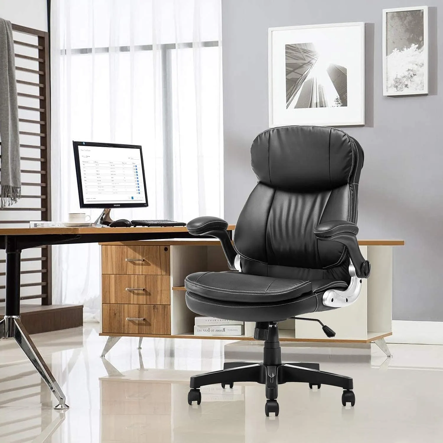 Home Office Chair High Back PU Leather Desk Chair Flip-Up Armrests Ergonomic Computer Chair with Lumbar Support, Black