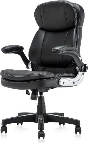 Home Office Chair High Back PU Leather Desk Chair Flip-Up Armrests Ergonomic Computer Chair with Lumbar Support, Black