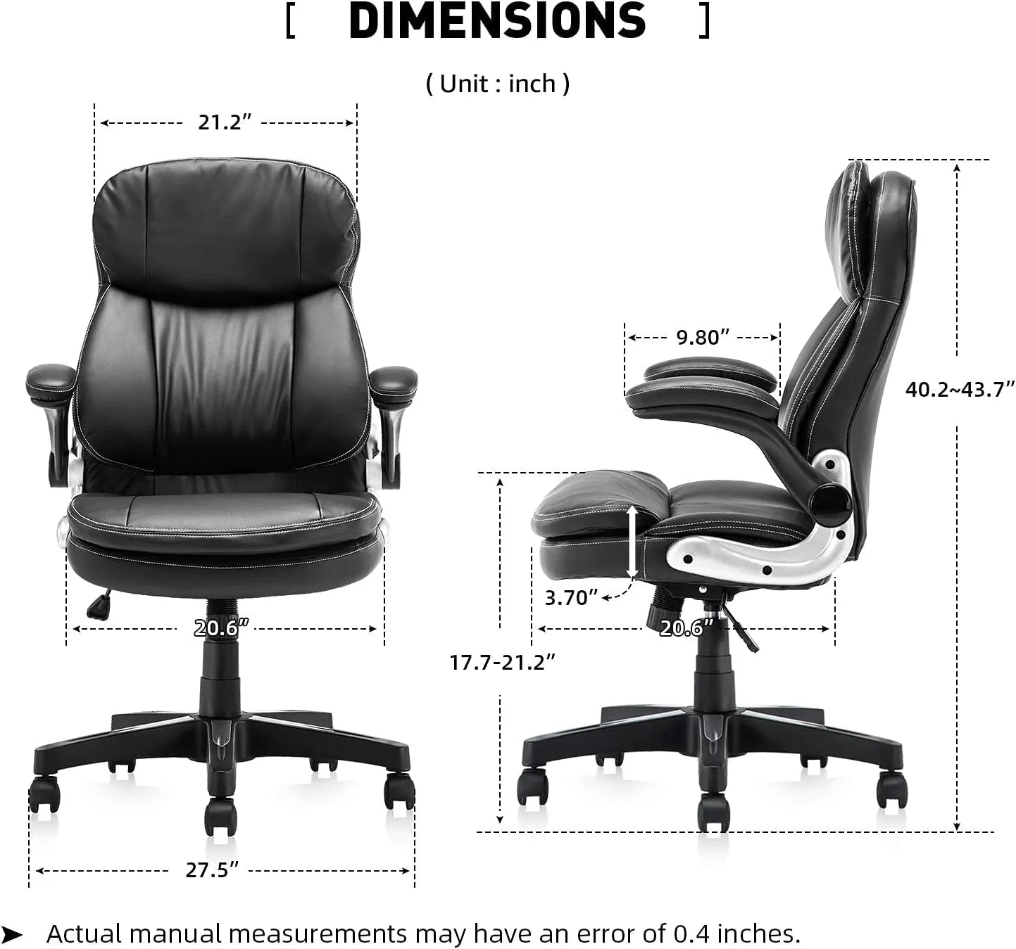 Home Office Chair High Back PU Leather Desk Chair Flip-Up Armrests Ergonomic Computer Chair with Lumbar Support, Black