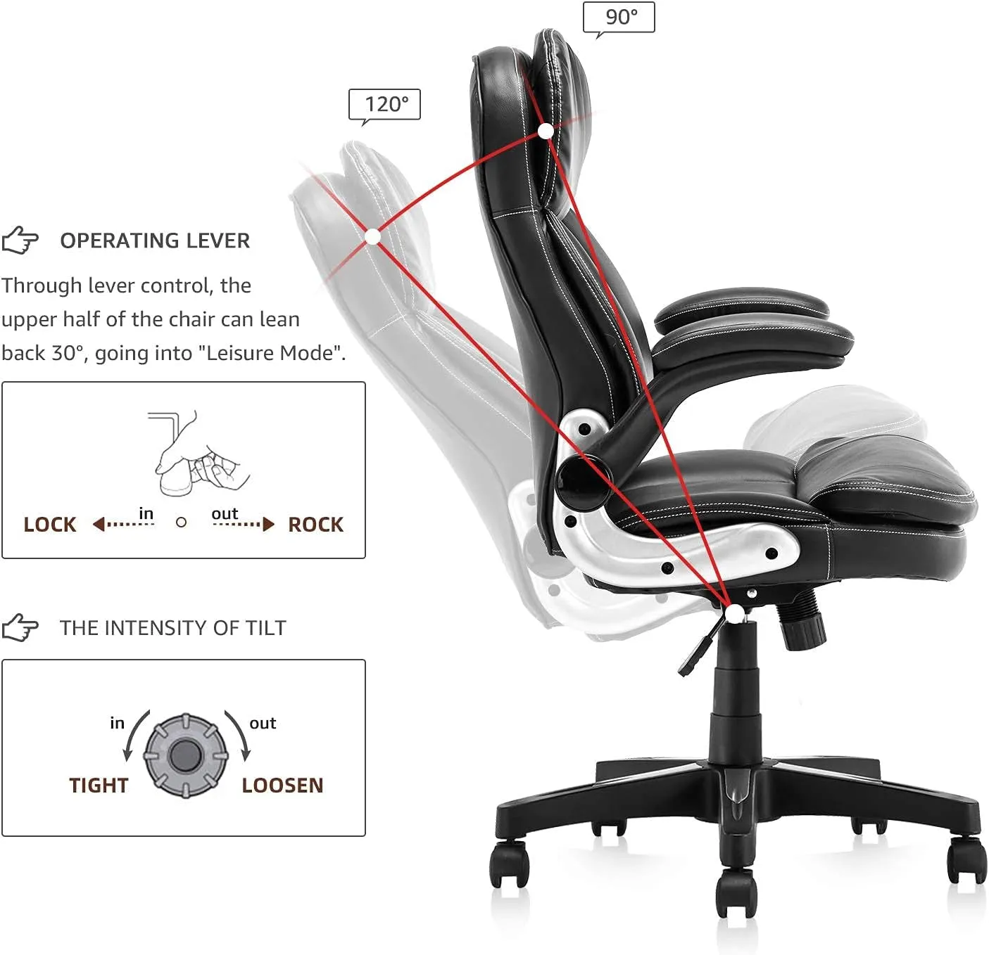 Home Office Chair High Back PU Leather Desk Chair Flip-Up Armrests Ergonomic Computer Chair with Lumbar Support, Black