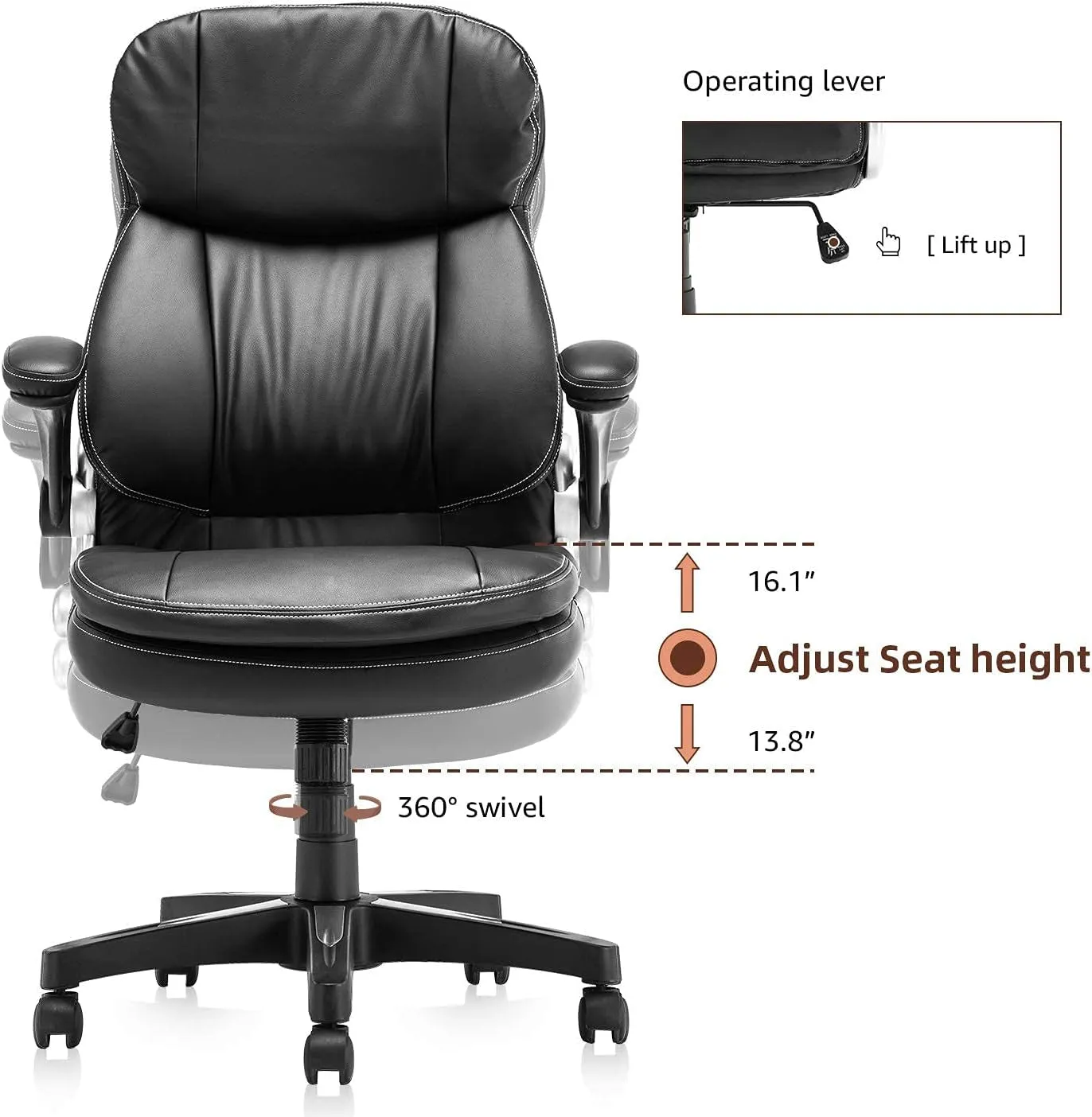 Home Office Chair High Back PU Leather Desk Chair Flip-Up Armrests Ergonomic Computer Chair with Lumbar Support, Black