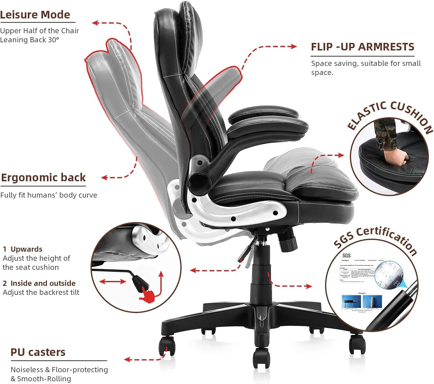 Home Office Chair High Back PU Leather Desk Chair Flip-Up Armrests Ergonomic Computer Chair with Lumbar Support, Black