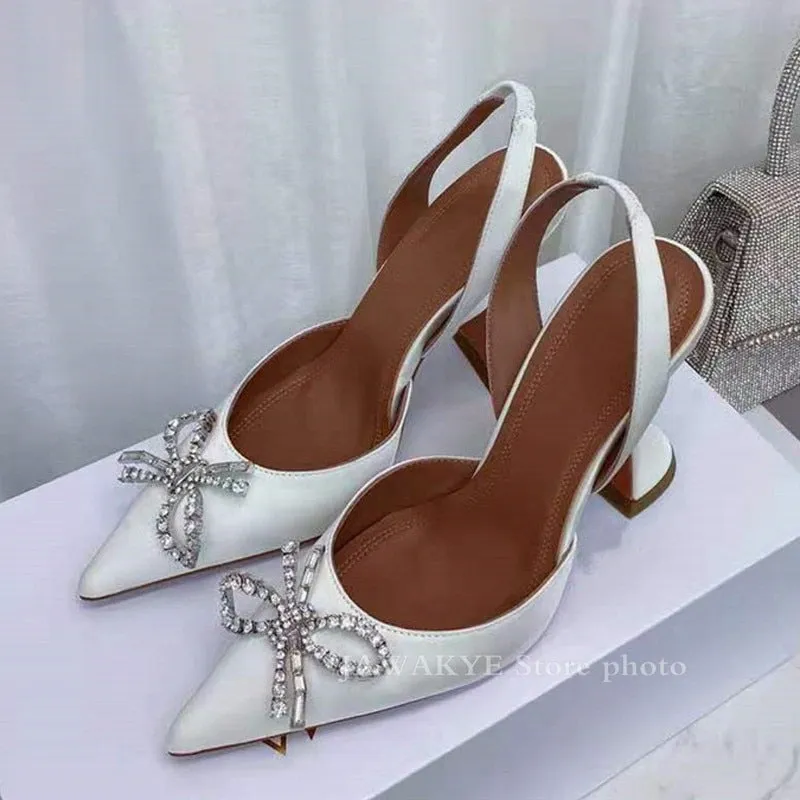 Hot Sale New Color Satin Dress Shoes Women Summer Pointy Toe Goblet High Heel Gladiatus Sandals Crystal Bow-knot Designer Shoes