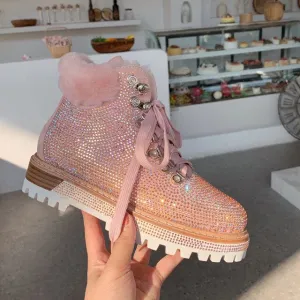 Luxury Bling Bling Crystal Motorcycle Boots Winter Genuine Leather Natural Fur Snow Boots Silver Black Pink Combat Shoes Women