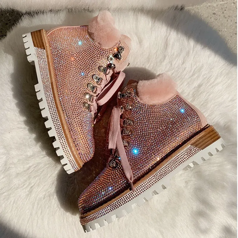 Luxury Bling Bling Crystal Motorcycle Boots Winter Genuine Leather Natural Fur Snow Boots Silver Black Pink Combat Shoes Women