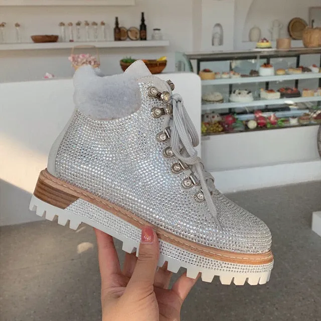 Luxury Bling Bling Crystal Motorcycle Boots Winter Genuine Leather Natural Fur Snow Boots Silver Black Pink Combat Shoes Women