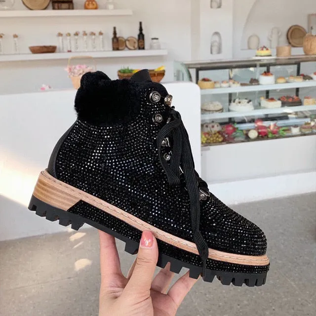 Luxury Bling Bling Crystal Motorcycle Boots Winter Genuine Leather Natural Fur Snow Boots Silver Black Pink Combat Shoes Women