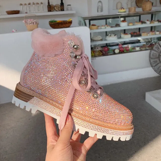 Luxury Bling Bling Crystal Motorcycle Boots Winter Genuine Leather Natural Fur Snow Boots Silver Black Pink Combat Shoes Women