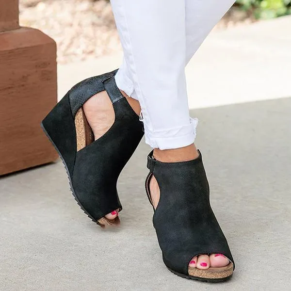 Lydiashoes Peep Toe Blocking Hook-Loop Wedges Shoes