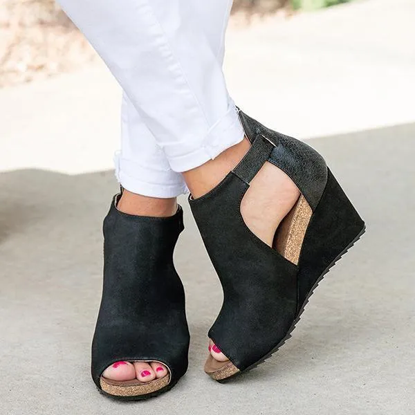 Lydiashoes Peep Toe Blocking Hook-Loop Wedges Shoes