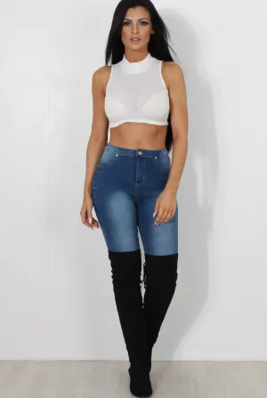 Millie White Ribbed High Neck Crop Top