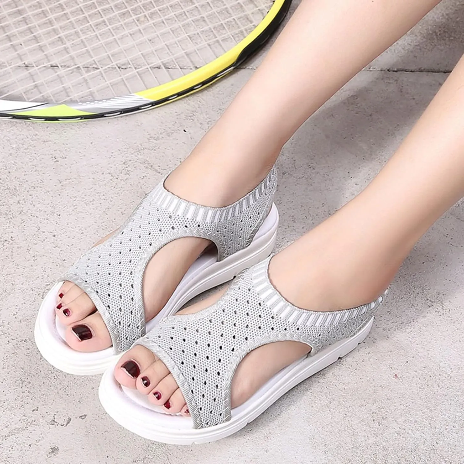 NEW WARTHY Ladies Shoes Sandals Elastic Belt Sports Sandals Summer Women Shoes Women Thick Bottom Fish Mouth Mesh Sandals, Grey, Sz 9.5