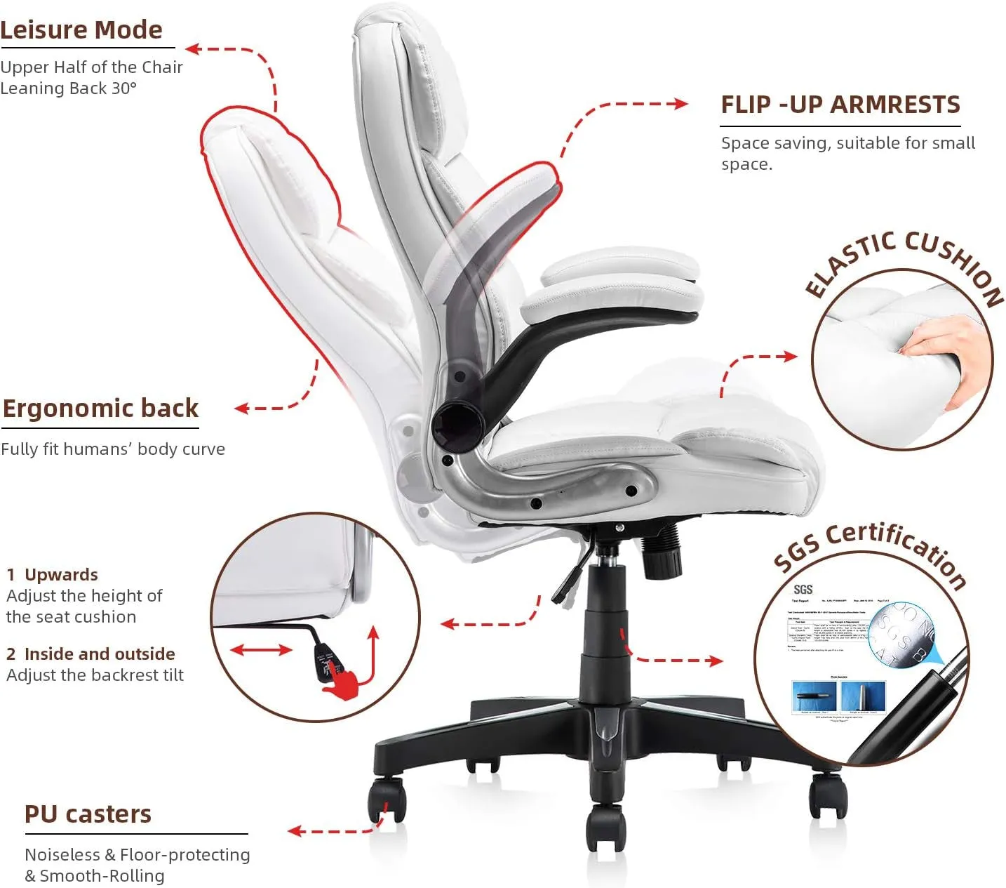 Office Chair, High Back Premium PU Leather Office Computer Swivel Desk Task Chair, Ergonomic Executive Chair with Lumbar Padding and Flip-Up Armrests (61AB33WH)