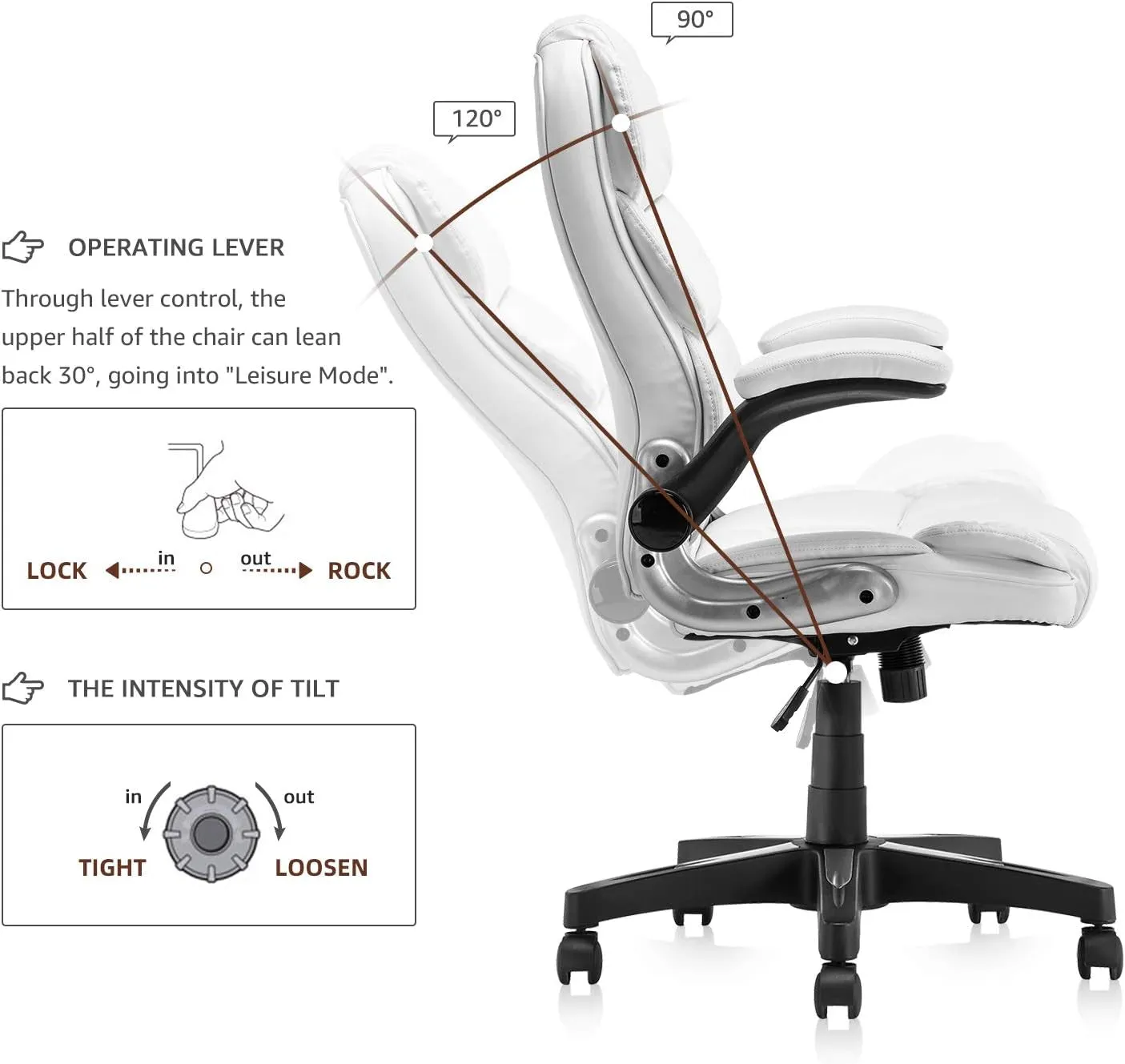 Office Chair, High Back Premium PU Leather Office Computer Swivel Desk Task Chair, Ergonomic Executive Chair with Lumbar Padding and Flip-Up Armrests (61AB33WH)