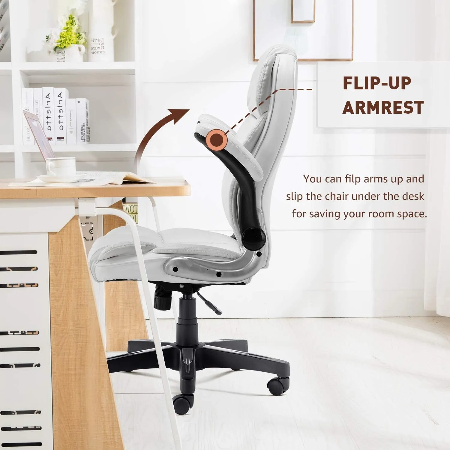 Office Chair, High Back Premium PU Leather Office Computer Swivel Desk Task Chair, Ergonomic Executive Chair with Lumbar Padding and Flip-Up Armrests (61AB33WH)