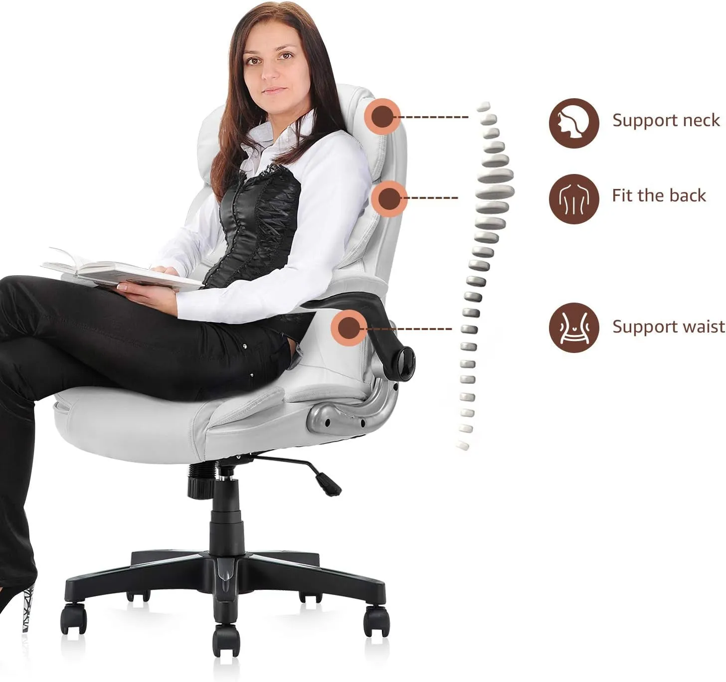 Office Chair, High Back Premium PU Leather Office Computer Swivel Desk Task Chair, Ergonomic Executive Chair with Lumbar Padding and Flip-Up Armrests (61AB33WH)