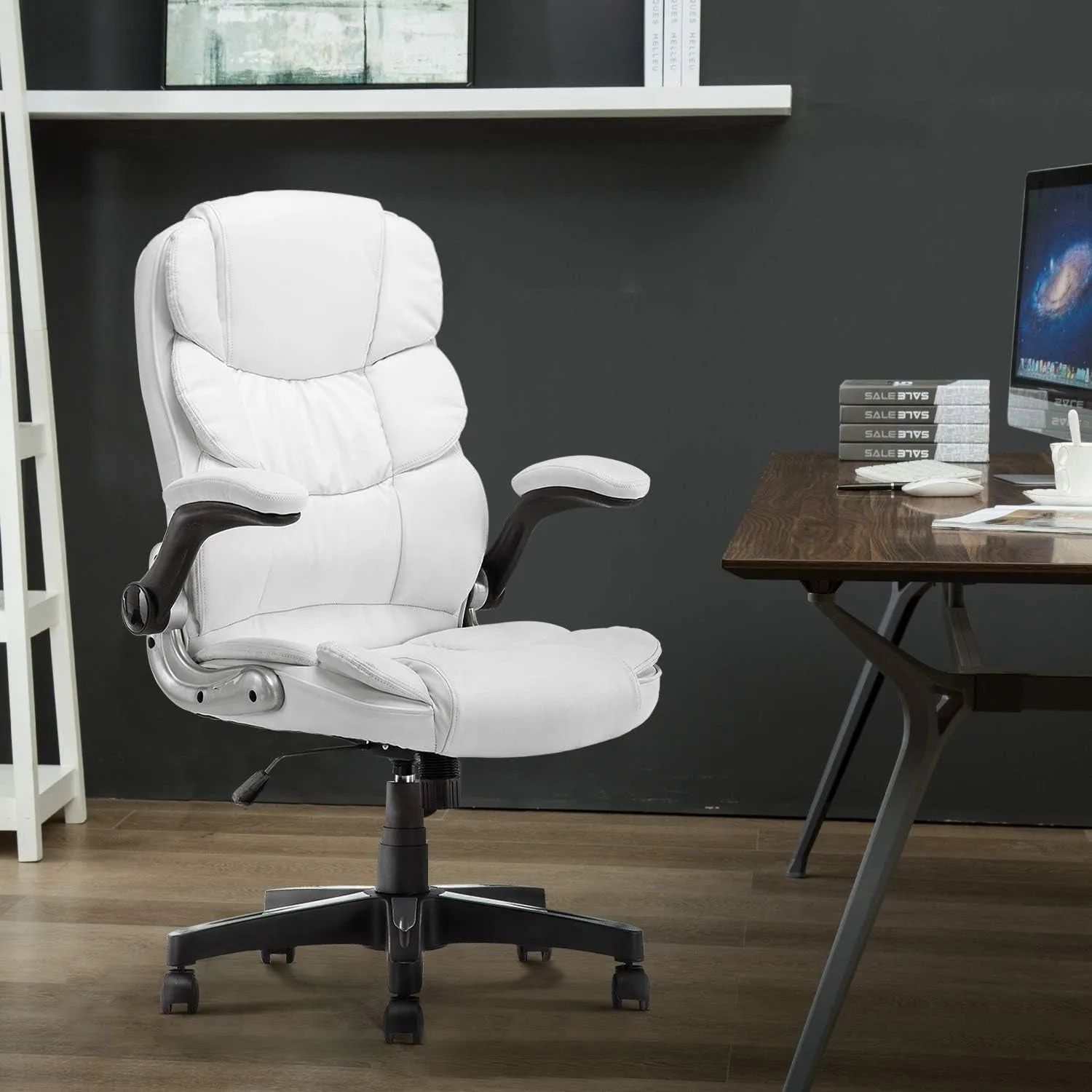 Office Chair, High Back Premium PU Leather Office Computer Swivel Desk Task Chair, Ergonomic Executive Chair with Lumbar Padding and Flip-Up Armrests (61AB33WH)