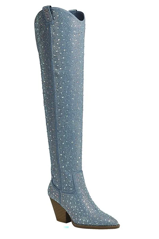 Over Knee High Rhinestone Western Boots