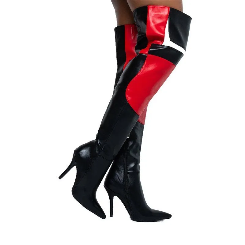 Patchwork Red Thigh High Boots Fashion High Heels Women Shoes