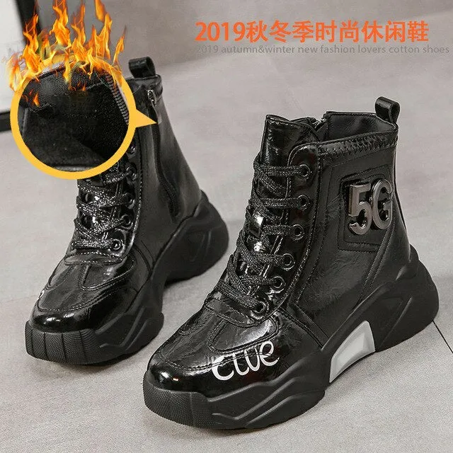 Platform Women Boots 2019 Winter Snow Boots Female Boots Bright Leather Warm Lace Flat with Women Shoes Tide Botas Mujer