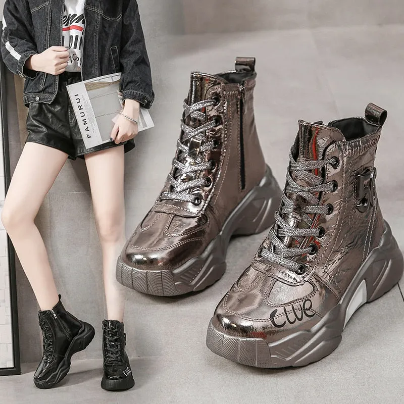Platform Women Boots 2019 Winter Snow Boots Female Boots Bright Leather Warm Lace Flat with Women Shoes Tide Botas Mujer