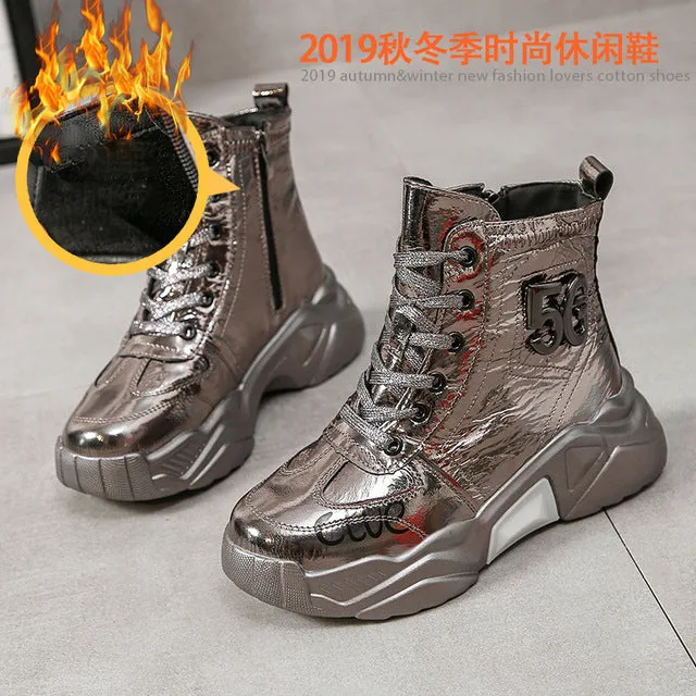 Platform Women Boots 2019 Winter Snow Boots Female Boots Bright Leather Warm Lace Flat with Women Shoes Tide Botas Mujer