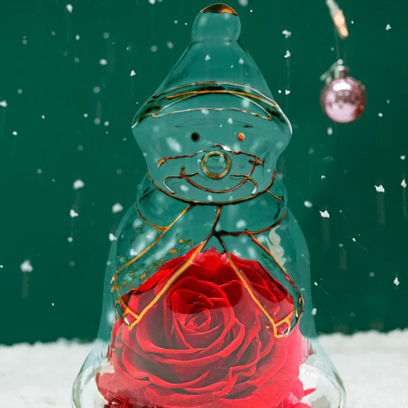 Preserved Rose Snowman Dome – Winter-Themed Floral Gift