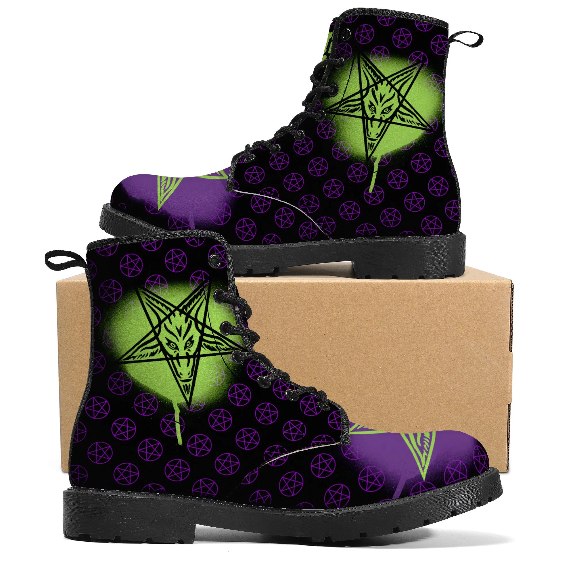 Purple Neon Green Baphomet Faux Leather Unisex Boots / New