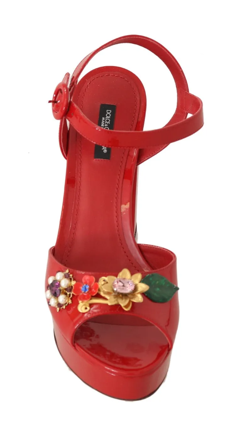 Red Leather Crystal Floral Sandal