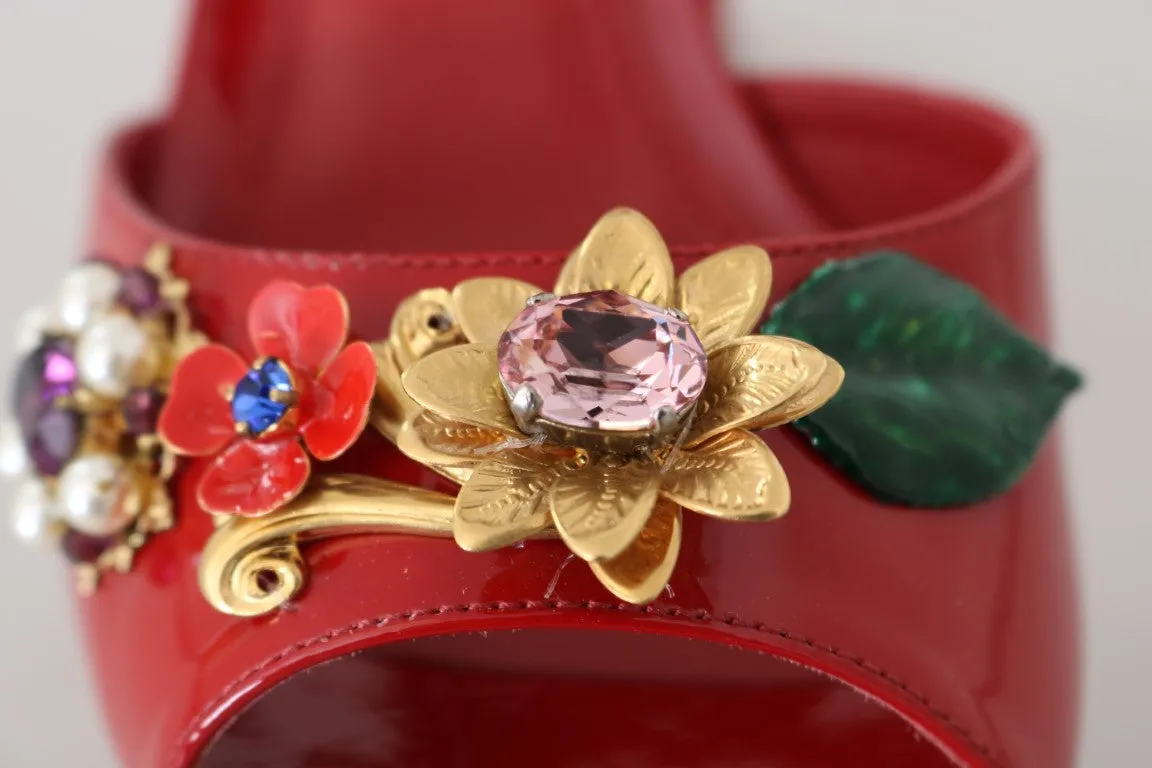 Red Leather Crystal Floral Sandal