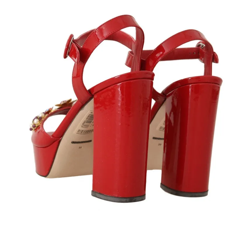 Red Leather Crystal Floral Sandal