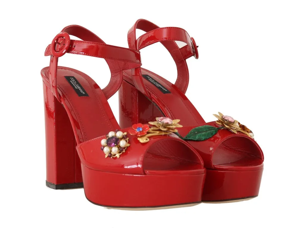 Red Leather Crystal Floral Sandal