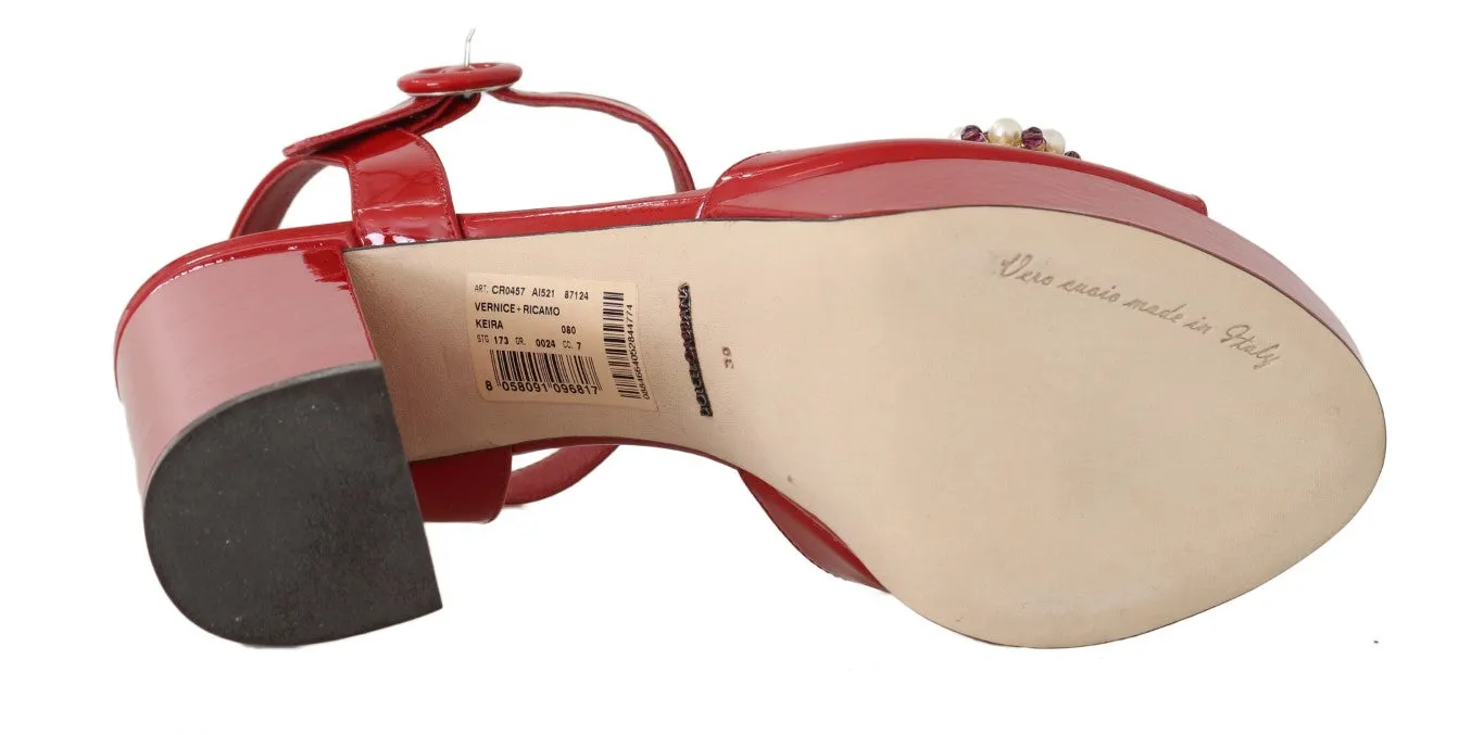 Red Leather Crystal Floral Sandal