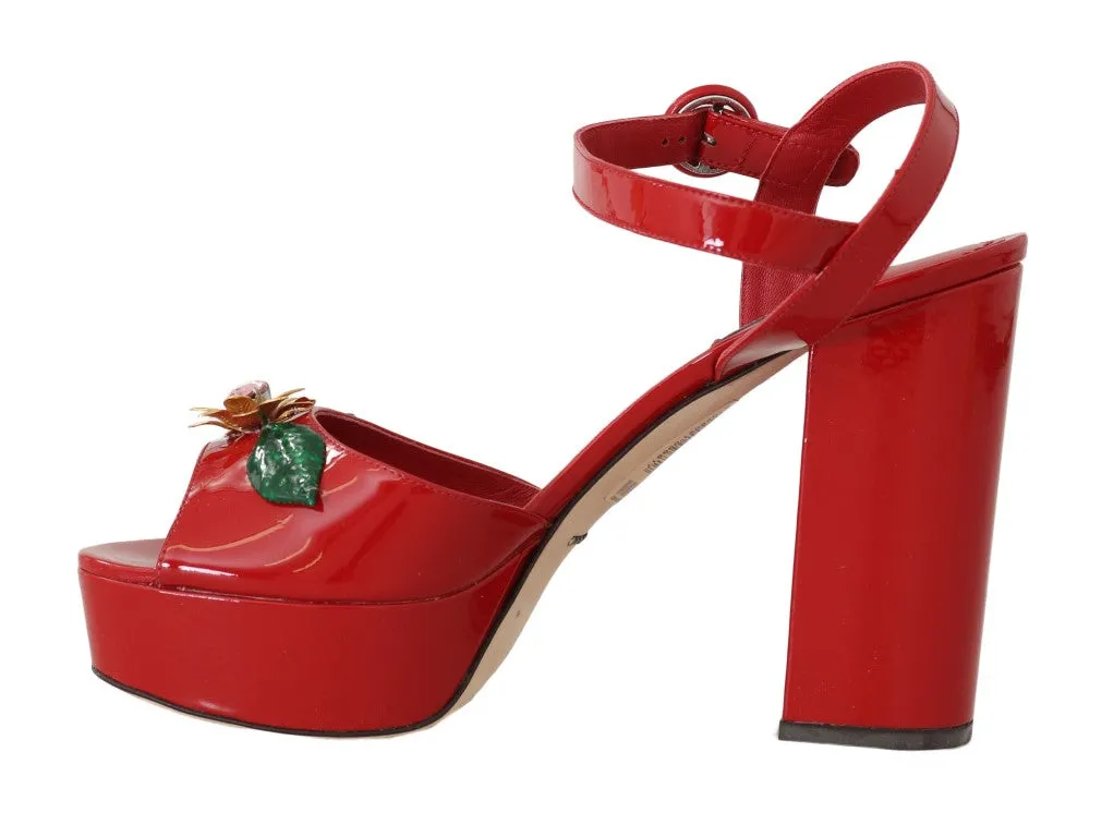 Red Leather Crystal Floral Sandal