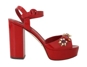 Red Leather Crystal Floral Sandal