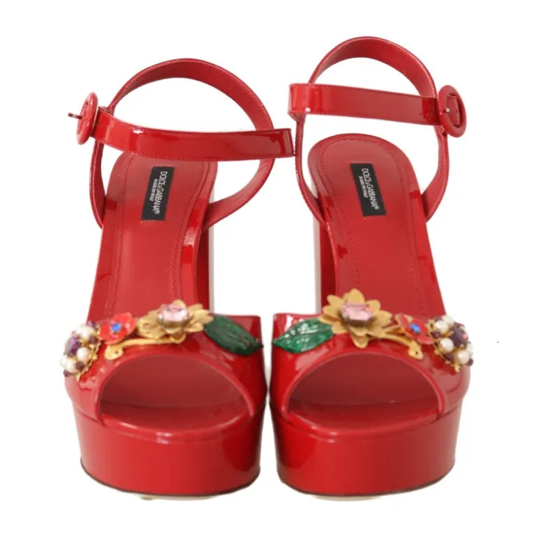 Red Leather Crystal Floral Sandal
