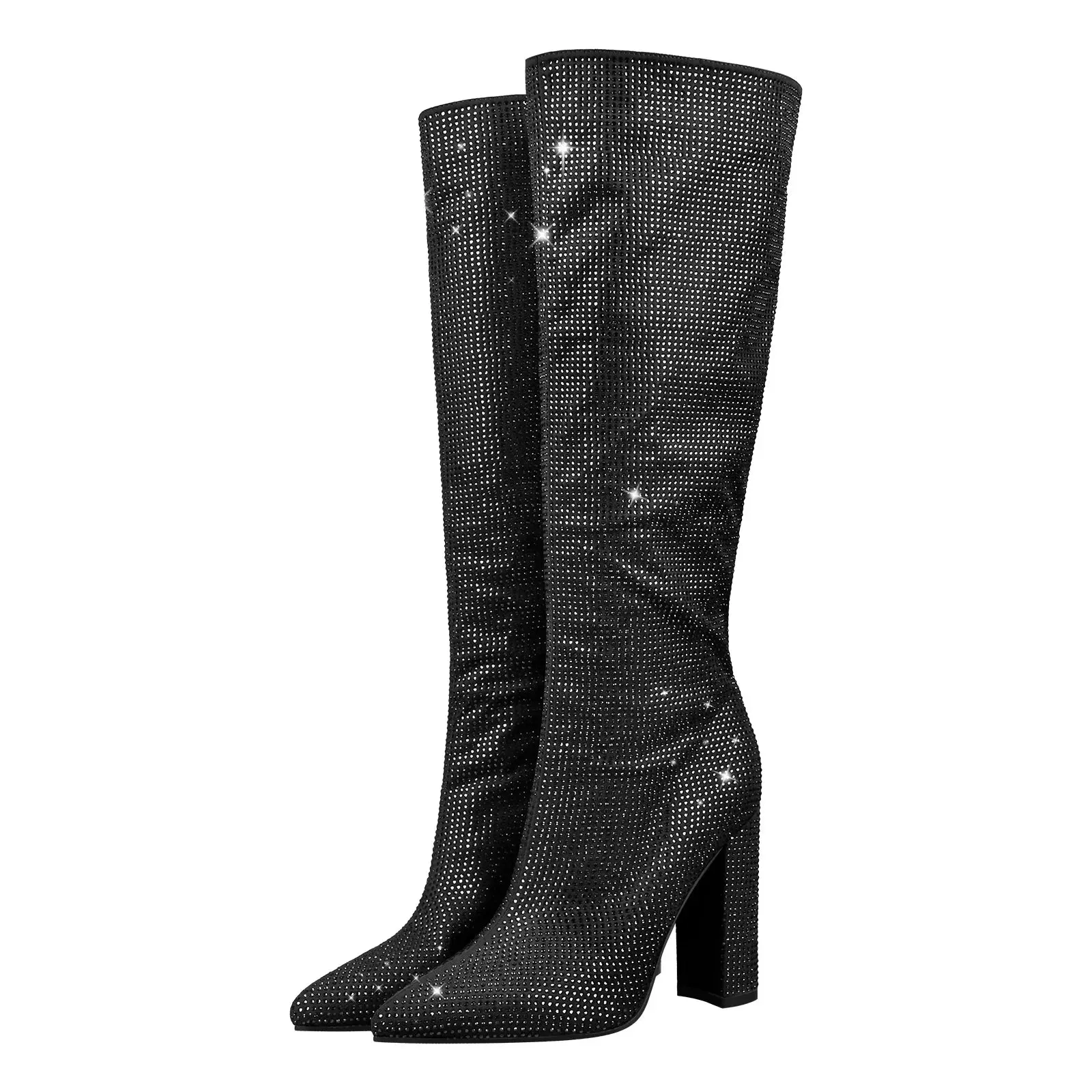 Shiny Knee-High Boots with Chunky Block Heel